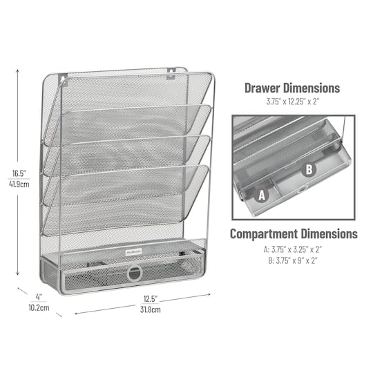 Mind Reader 4-Tier Vertical File Storage, Desktop Organizer, Wall Mount, Office, Metal Mesh, 12.5"L x 4"W x 16.5"H